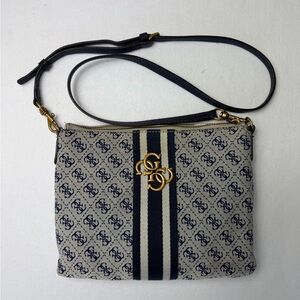 Guess Logo Canvas Crossbody Bag Blue Monogram Stripe Shoulder